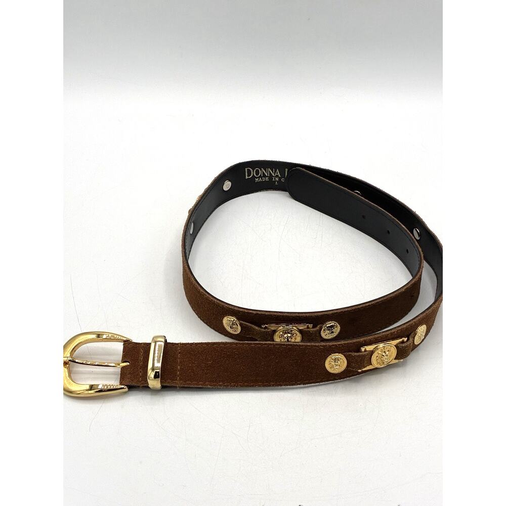 Donna Katz Brown Suede Belt Gold Lion Medallions Vintage Style 32-36 Size Large